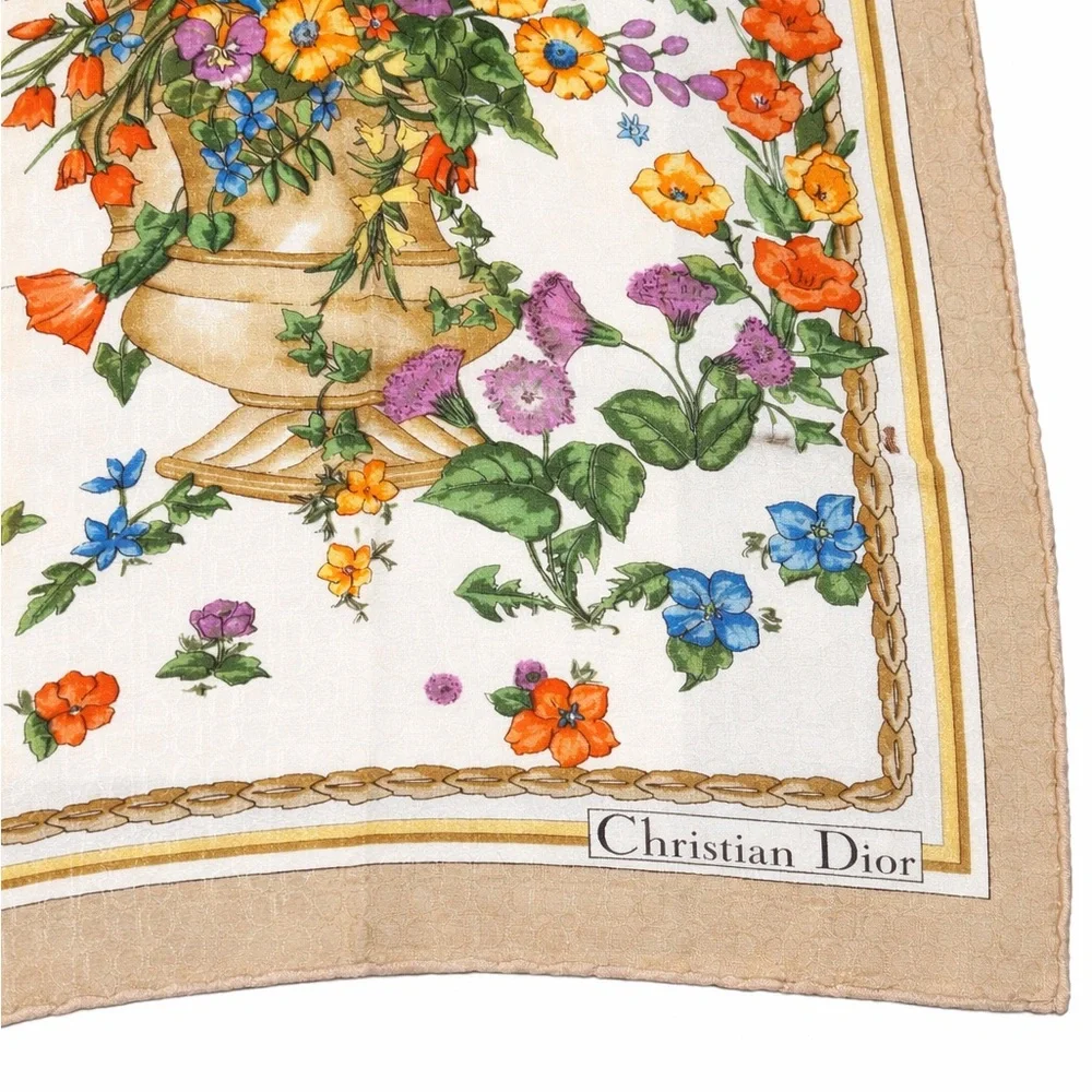 Christian Dior Floral Peacock Silk Scarf in Cream, Gold, Blue & Orange